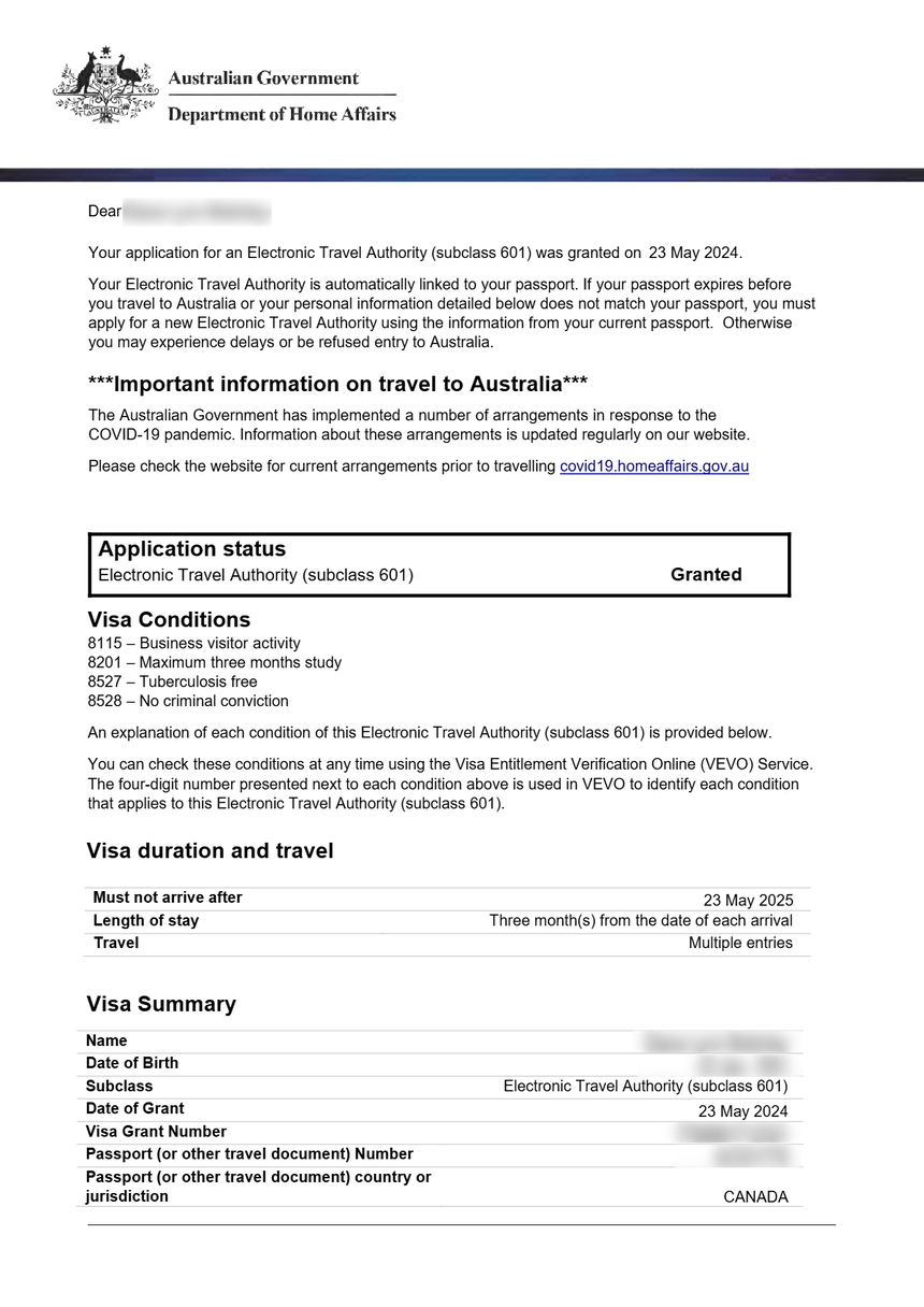 Australien eVisa Muster – elektronisches Visum